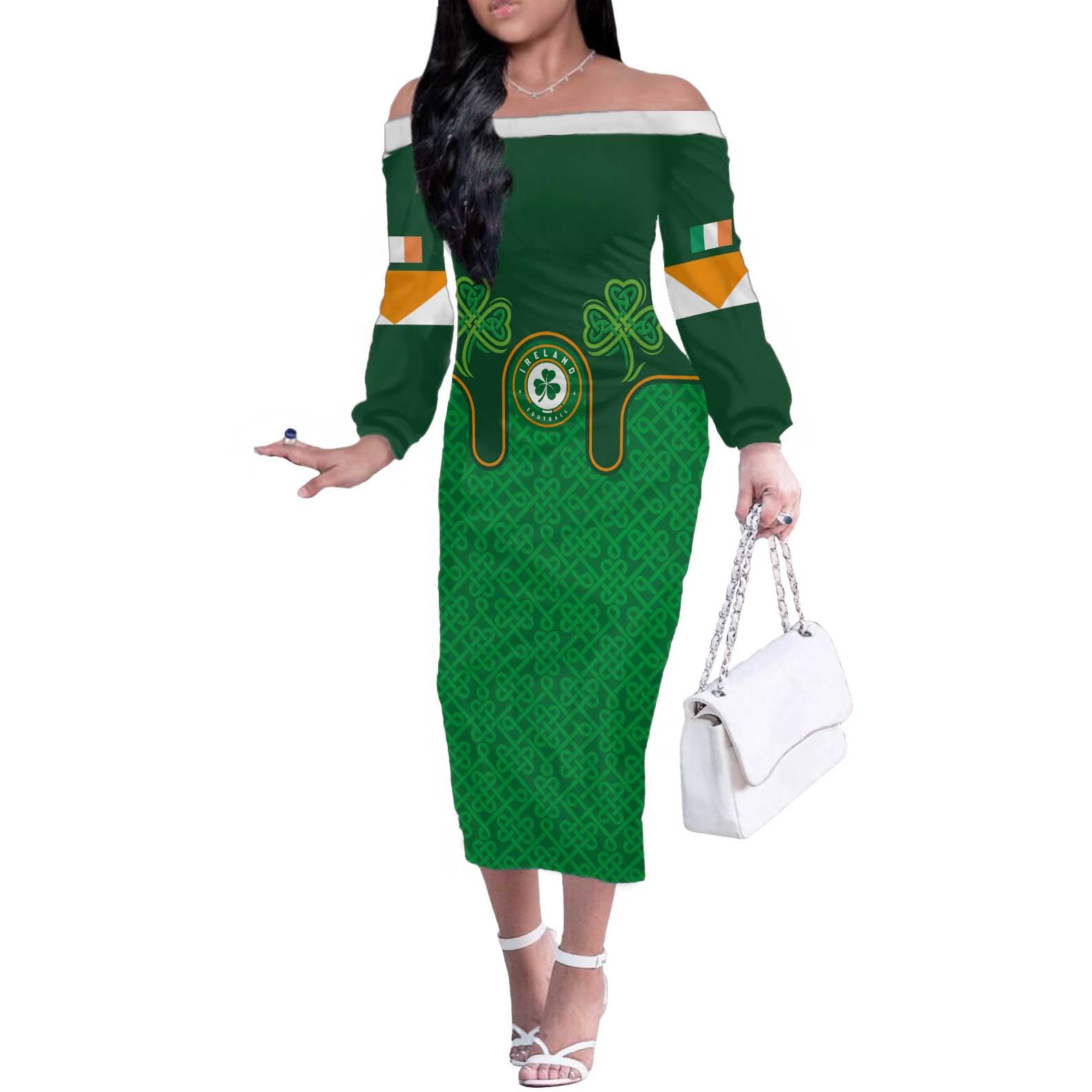 Custom Ireland Football Off The Shoulder Long Sleeve Dress The Boys in Green-Go Champions