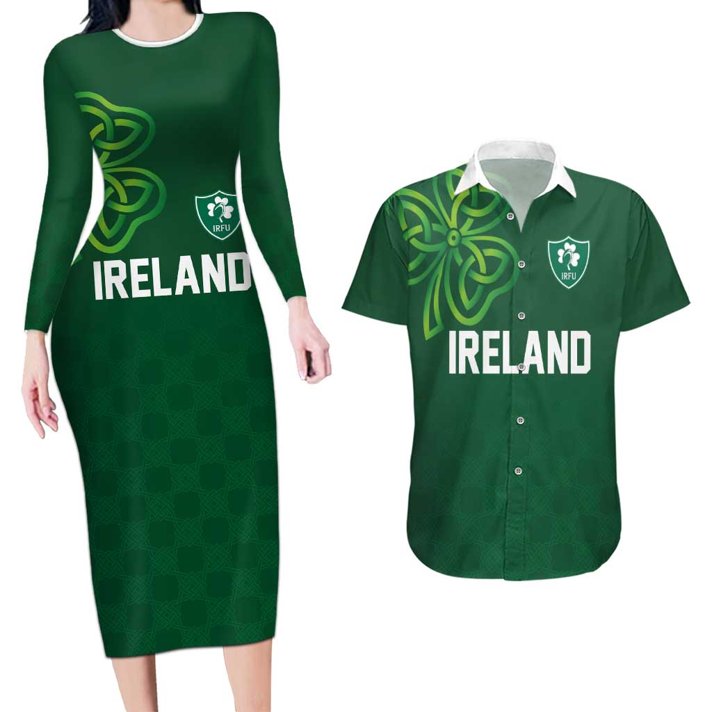 Custom Ireland Rugby-Celtic Shamrocks Couples Matching Long Sleeve Bodycon Dress and Hawaiian Shirt