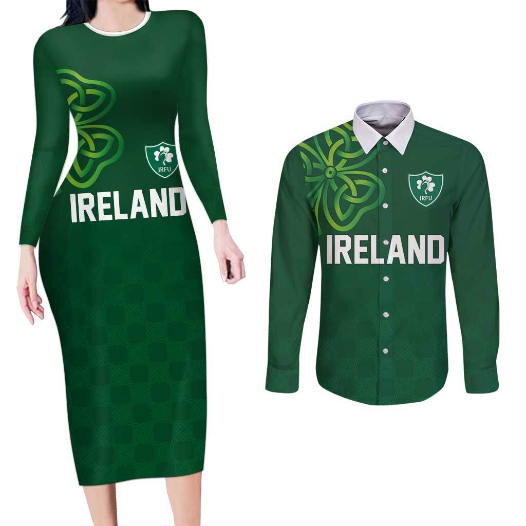 Custom Ireland Rugby-Celtic Shamrocks Couples Matching Long Sleeve Bodycon Dress and Long Sleeve Button Shirt