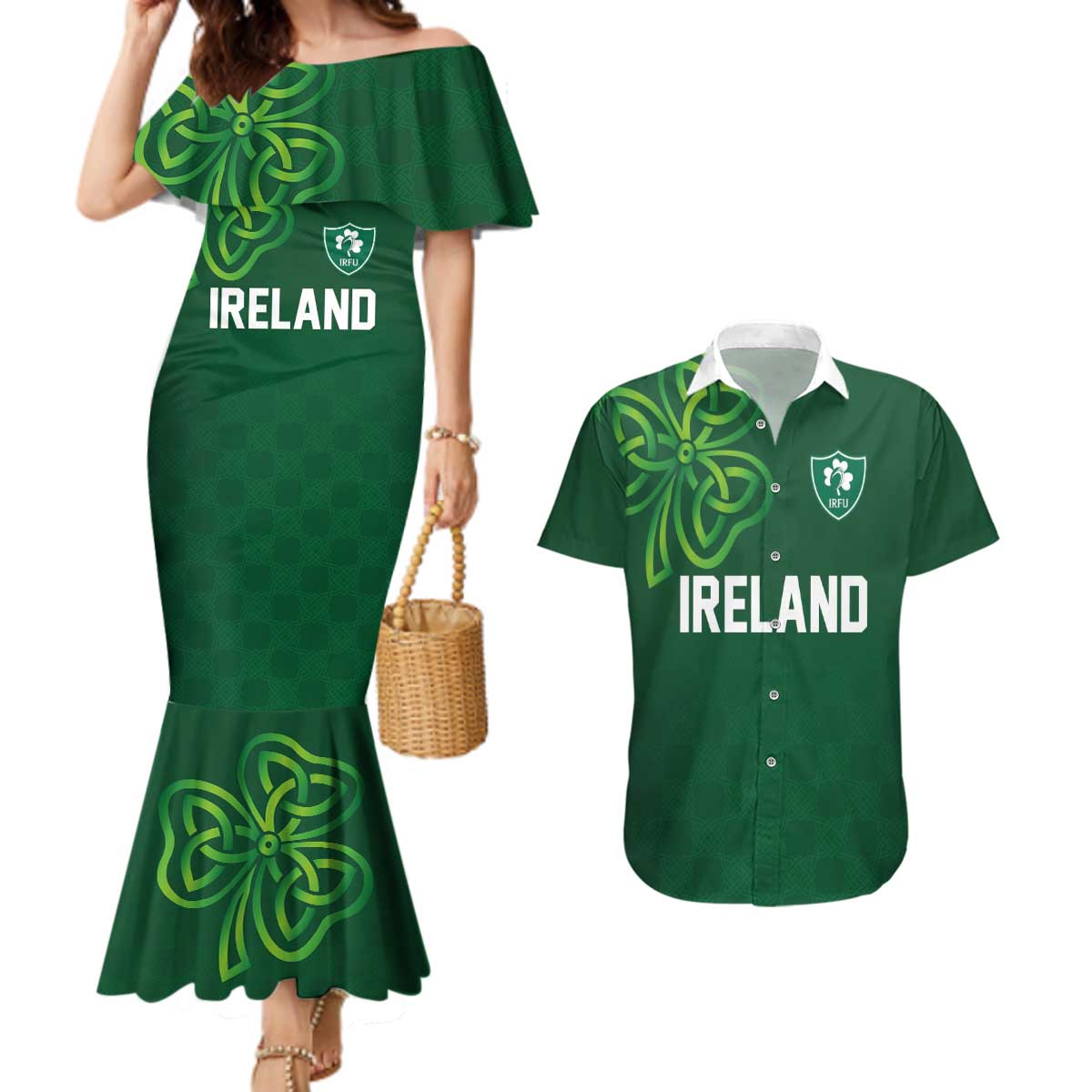 Custom Ireland Rugby-Celtic Shamrocks Couples Matching Mermaid Dress and Hawaiian Shirt