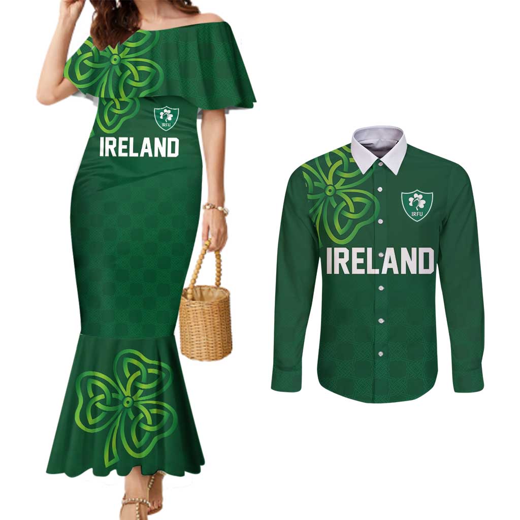 Custom Ireland Rugby-Celtic Shamrocks Couples Matching Mermaid Dress and Long Sleeve Button Shirt