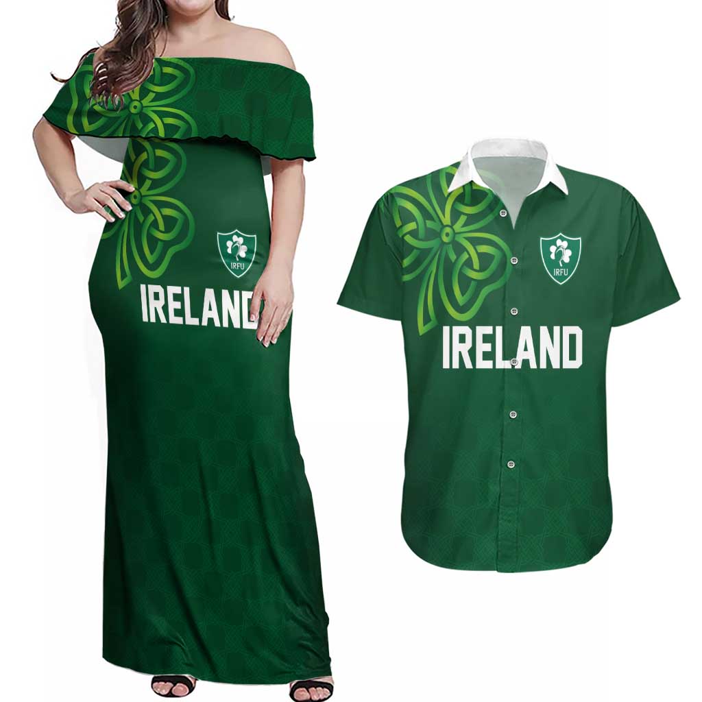 Custom Ireland Rugby-Celtic Shamrocks Couples Matching Off Shoulder Maxi Dress and Hawaiian Shirt