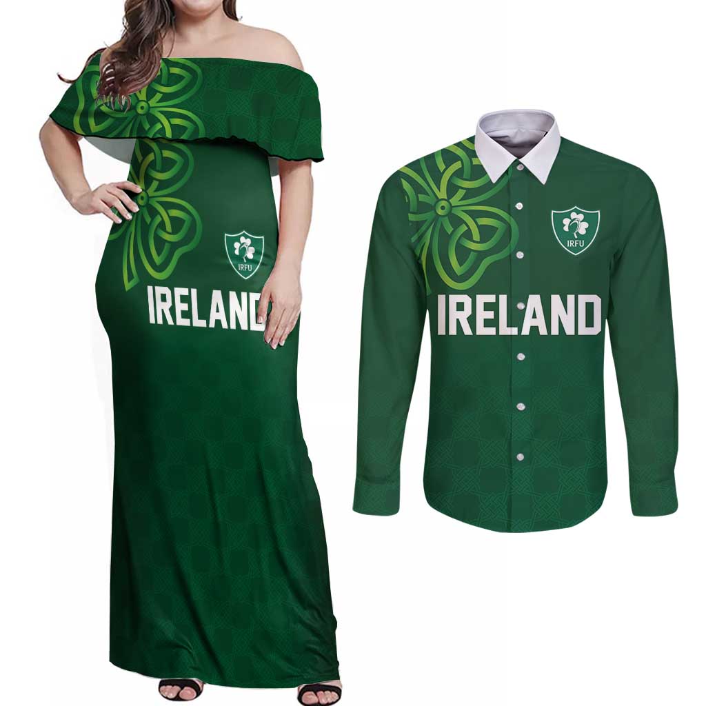 Custom Ireland Rugby-Celtic Shamrocks Couples Matching Off Shoulder Maxi Dress and Long Sleeve Button Shirt