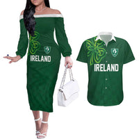 Custom Ireland Rugby-Celtic Shamrocks Couples Matching Off The Shoulder Long Sleeve Dress and Hawaiian Shirt