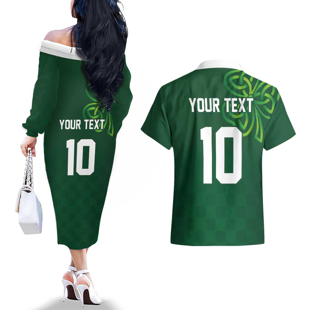 Custom Ireland Rugby-Celtic Shamrocks Couples Matching Off The Shoulder Long Sleeve Dress and Hawaiian Shirt