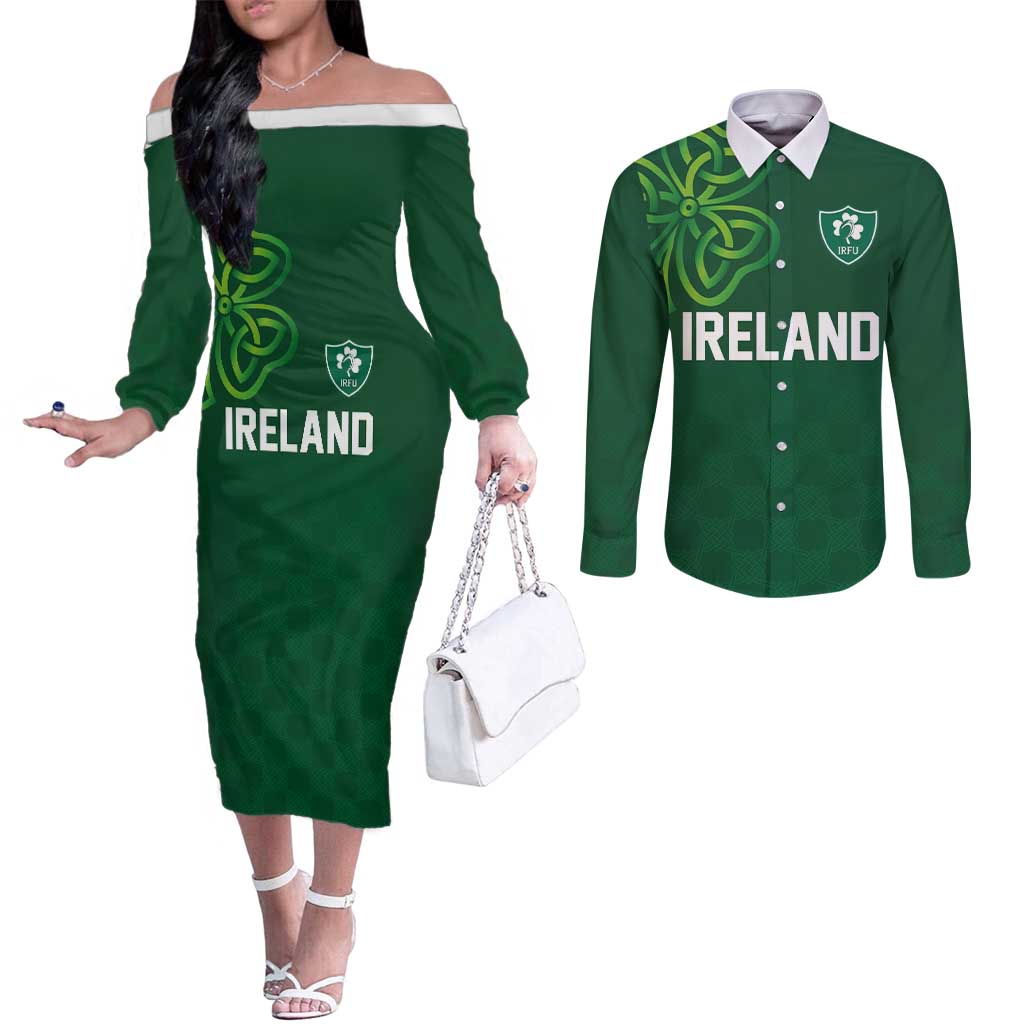 Custom Ireland Rugby-Celtic Shamrocks Couples Matching Off The Shoulder Long Sleeve Dress and Long Sleeve Button Shirt