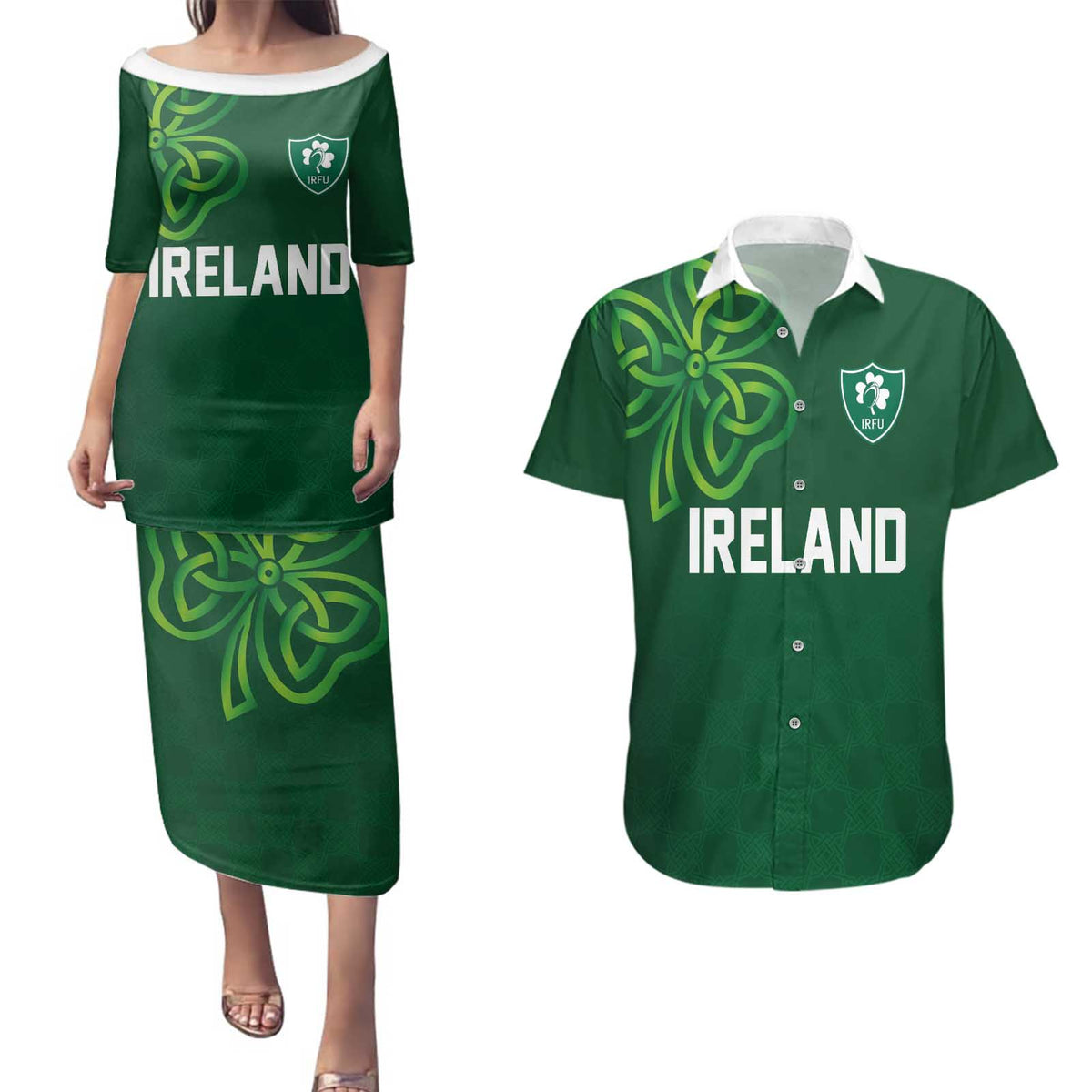 Custom Ireland Rugby-Celtic Shamrocks Couples Matching Puletasi and Hawaiian Shirt
