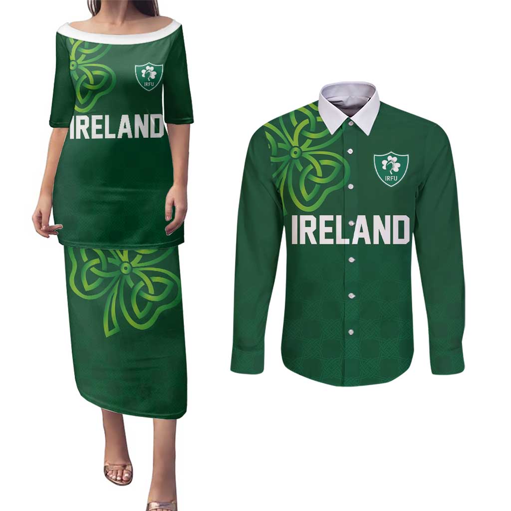Custom Ireland Rugby-Celtic Shamrocks Couples Matching Puletasi and Long Sleeve Button Shirt