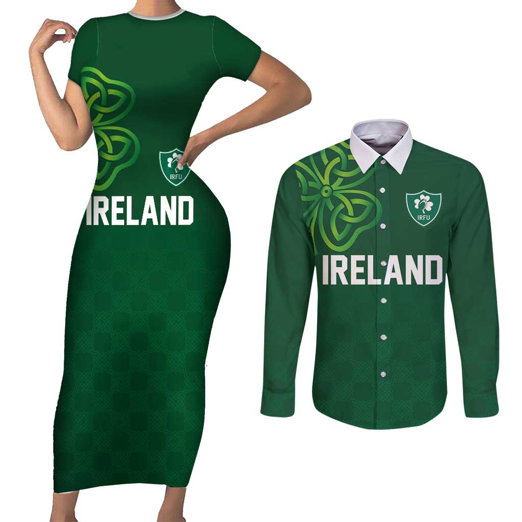 Custom Ireland Rugby-Celtic Shamrocks Couples Matching Short Sleeve Bodycon Dress and Long Sleeve Button Shirt