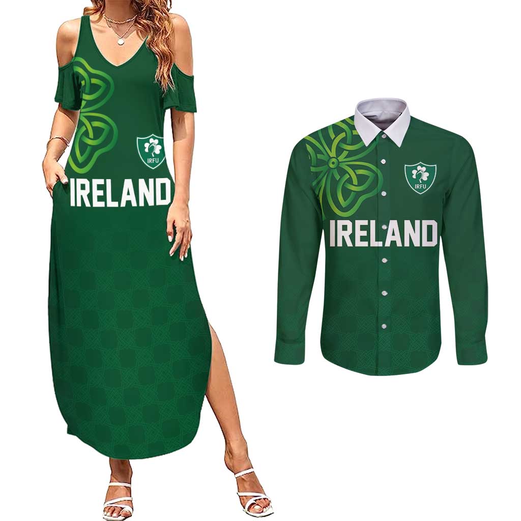 Custom Ireland Rugby-Celtic Shamrocks Couples Matching Summer Maxi Dress and Long Sleeve Button Shirt
