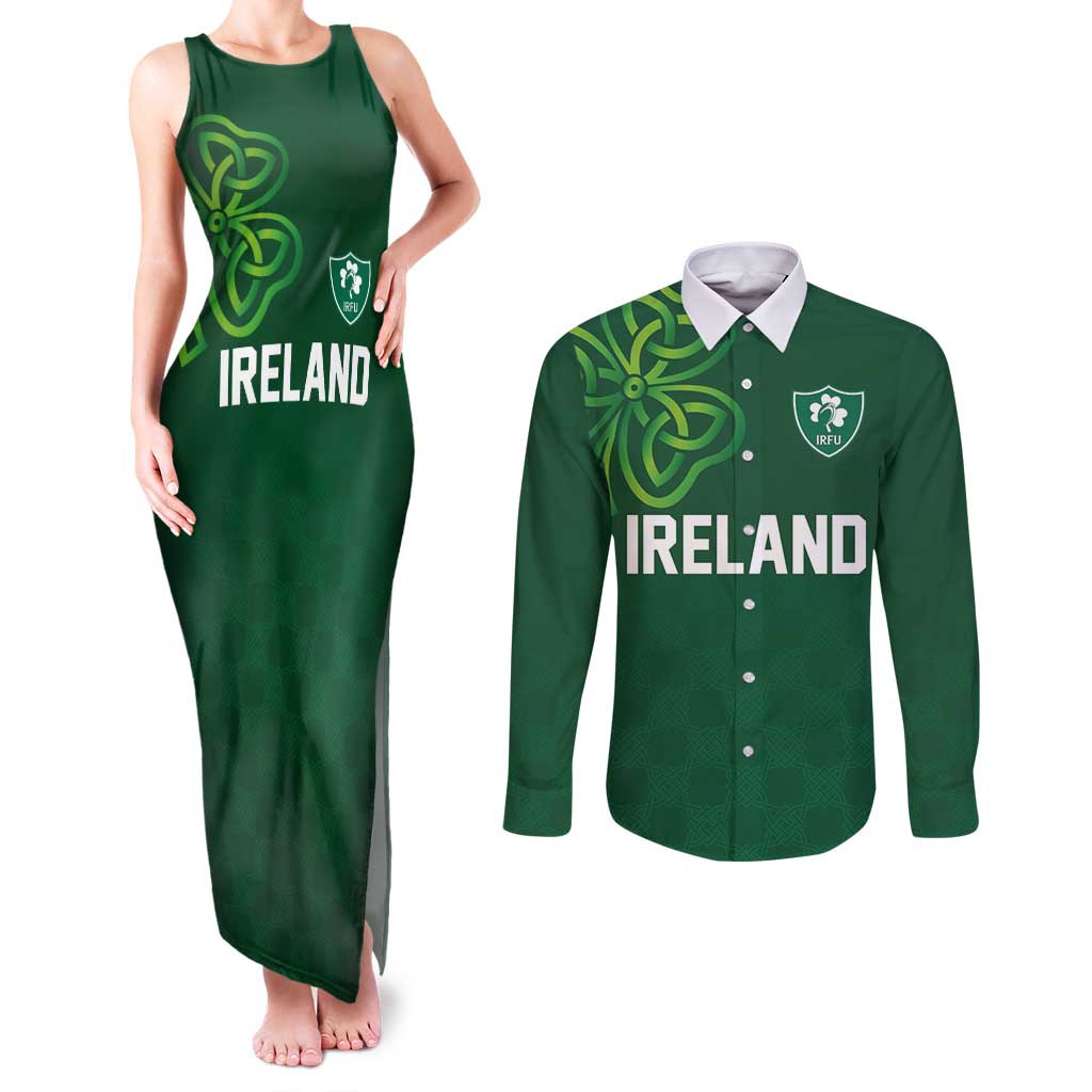 Custom Ireland Rugby-Celtic Shamrocks Couples Matching Tank Maxi Dress and Long Sleeve Button Shirt