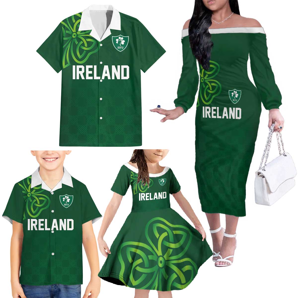 Custom Ireland Rugby-Celtic Shamrocks Family Matching Off The Shoulder Long Sleeve Dress and Hawaiian Shirt