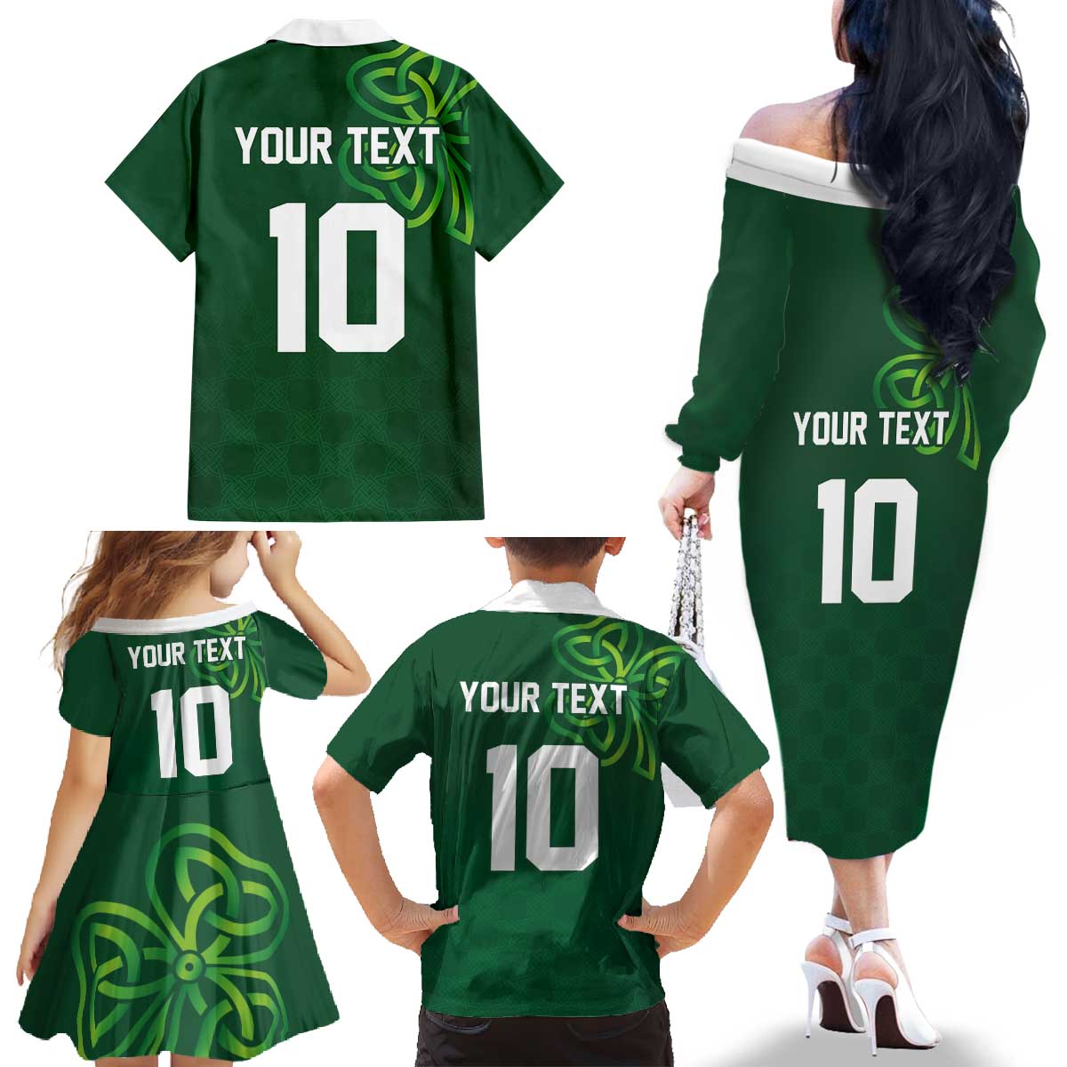 Custom Ireland Rugby-Celtic Shamrocks Family Matching Off The Shoulder Long Sleeve Dress and Hawaiian Shirt