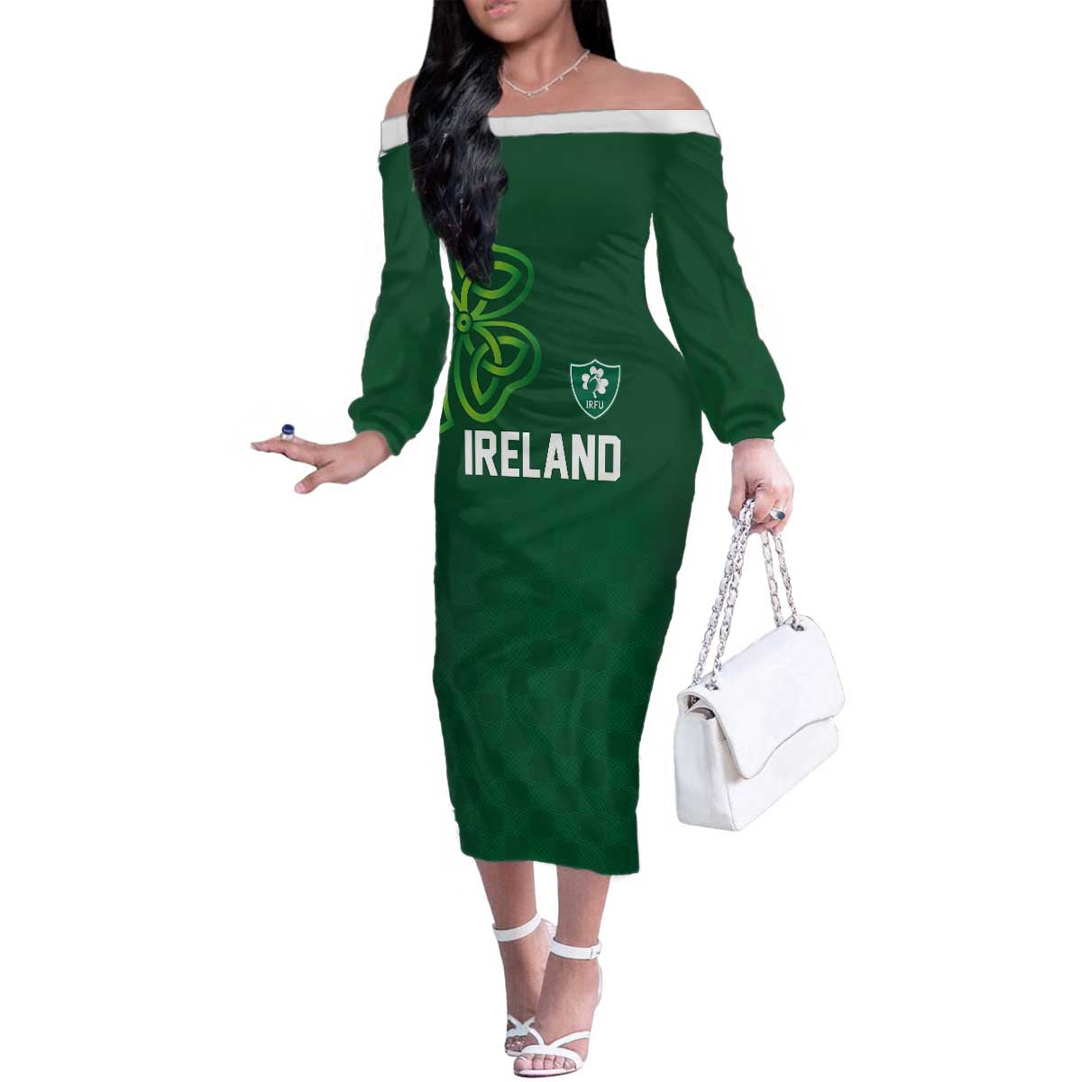 Custom Ireland Rugby-Celtic Shamrocks Family Matching Off The Shoulder Long Sleeve Dress and Hawaiian Shirt