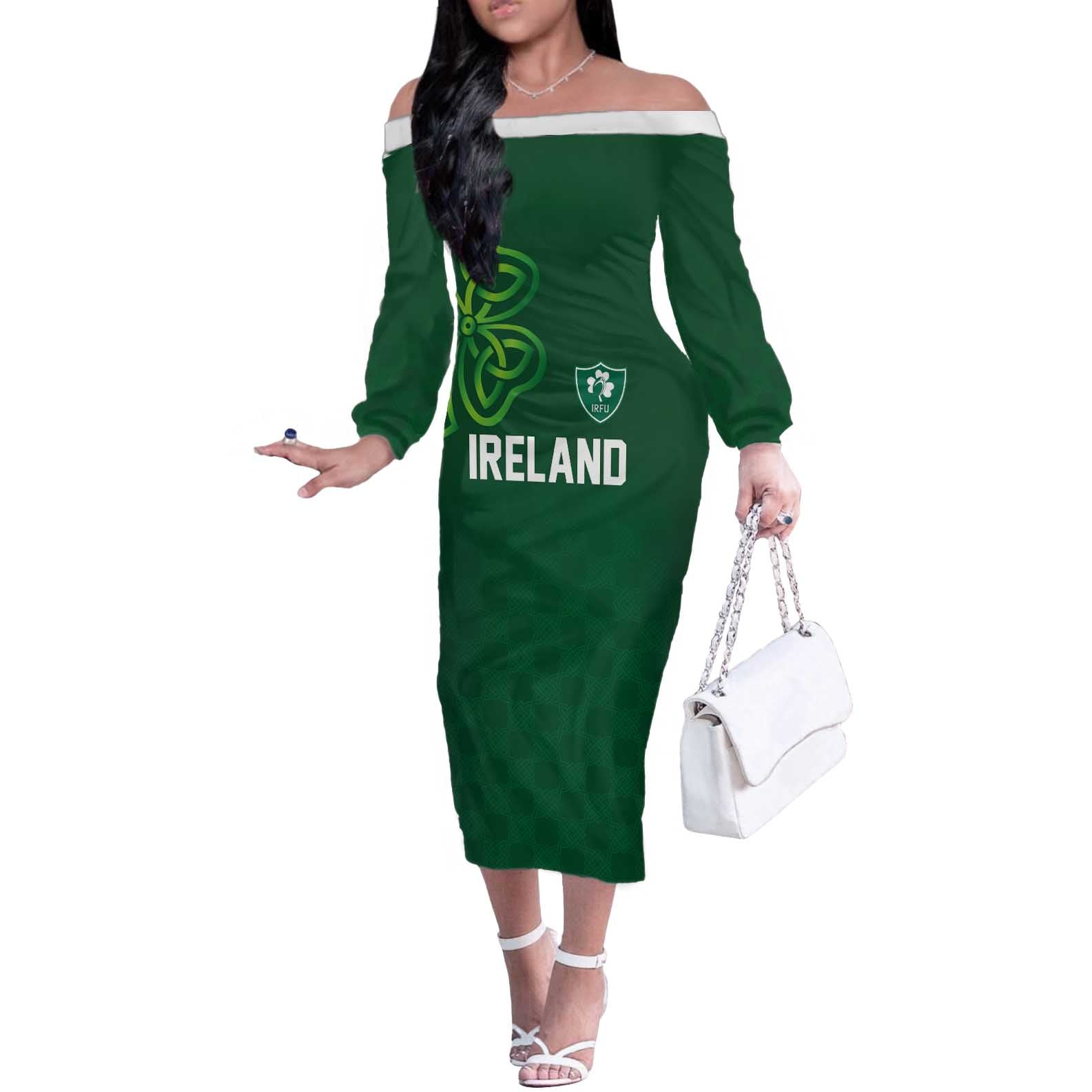 Custom Ireland Rugby-Celtic Shamrocks Off The Shoulder Long Sleeve Dress