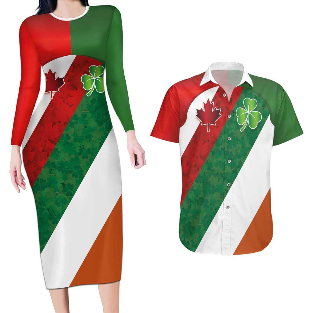 Custom Canada and Ireland Couples Matching Long Sleeve Bodycon Dress and Hawaiian Shirt Shamrocks and Maple Leaves