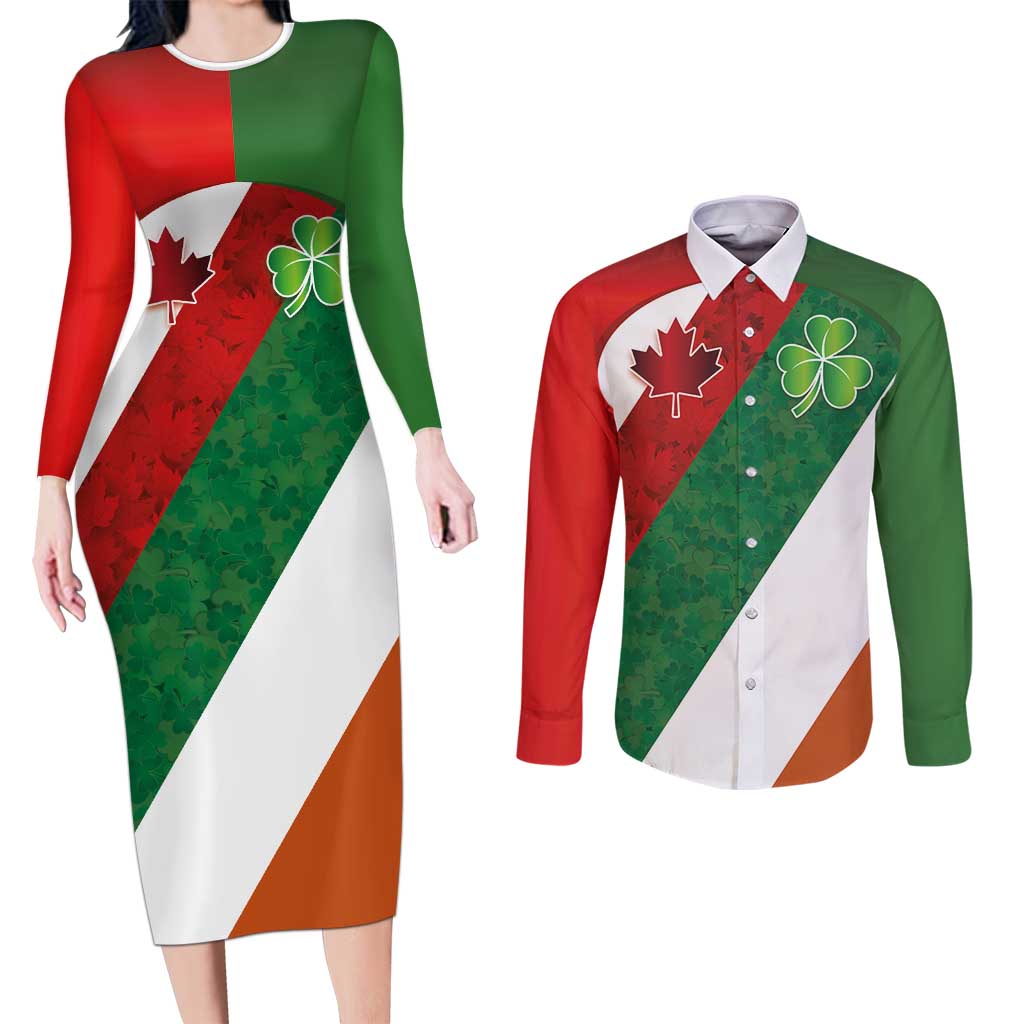 Custom Canada and Ireland Couples Matching Long Sleeve Bodycon Dress and Long Sleeve Button Shirt Shamrocks and Maple Leaves