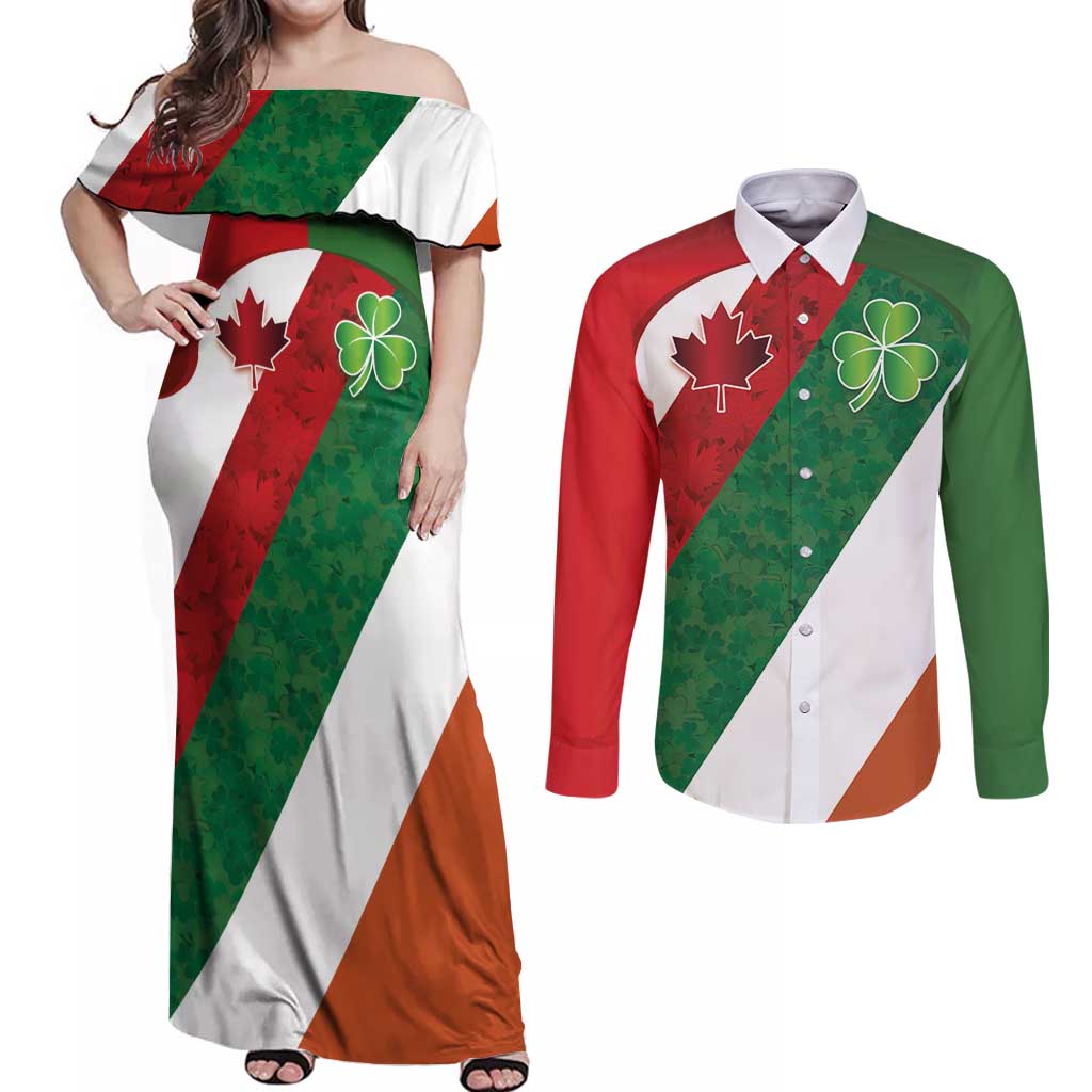 Custom Canada and Ireland Couples Matching Off Shoulder Maxi Dress and Long Sleeve Button Shirt Shamrocks and Maple Leaves