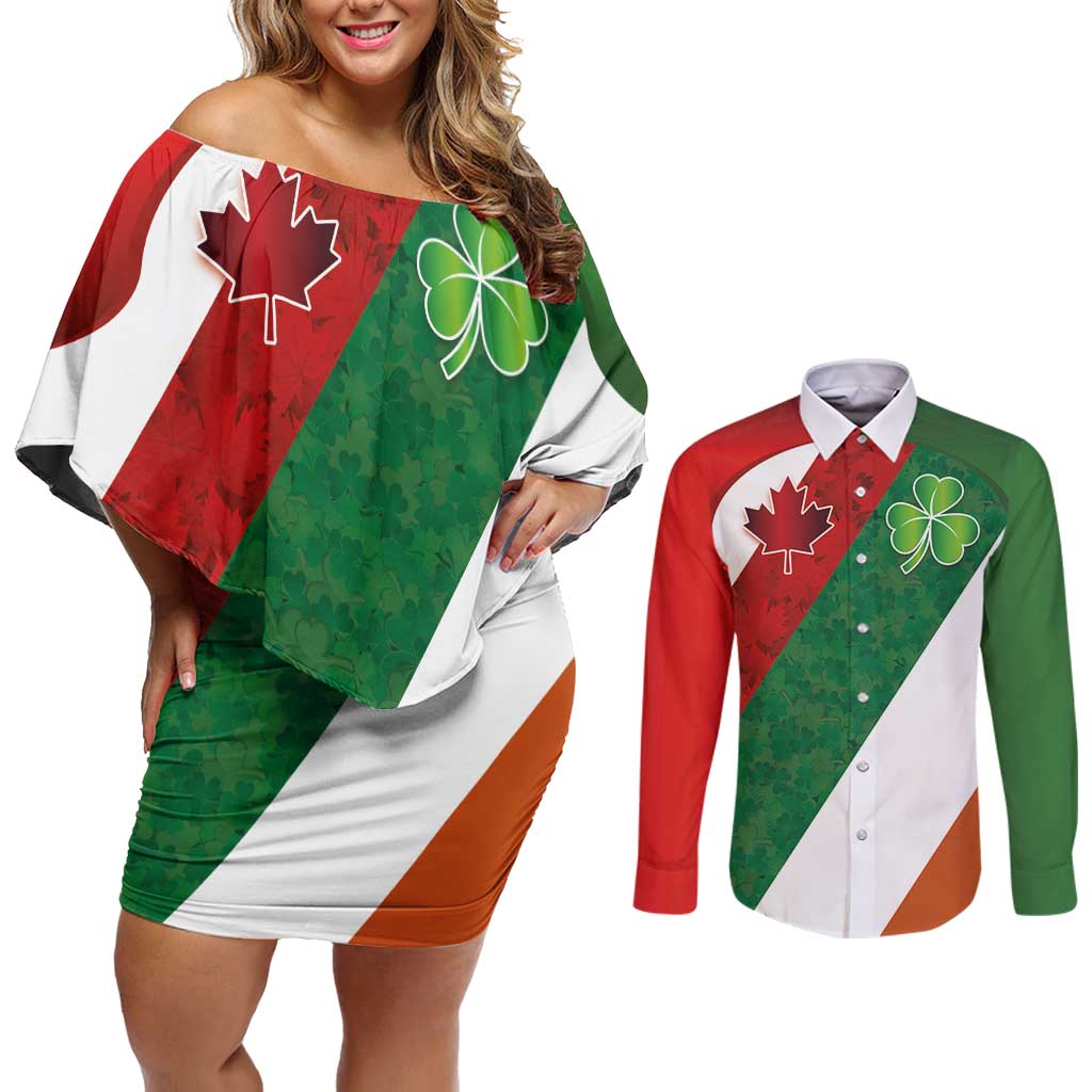Custom Canada and Ireland Couples Matching Off Shoulder Short Dress and Long Sleeve Button Shirt Shamrocks and Maple Leaves
