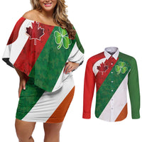 Custom Canada and Ireland Couples Matching Off Shoulder Short Dress and Long Sleeve Button Shirt Shamrocks and Maple Leaves