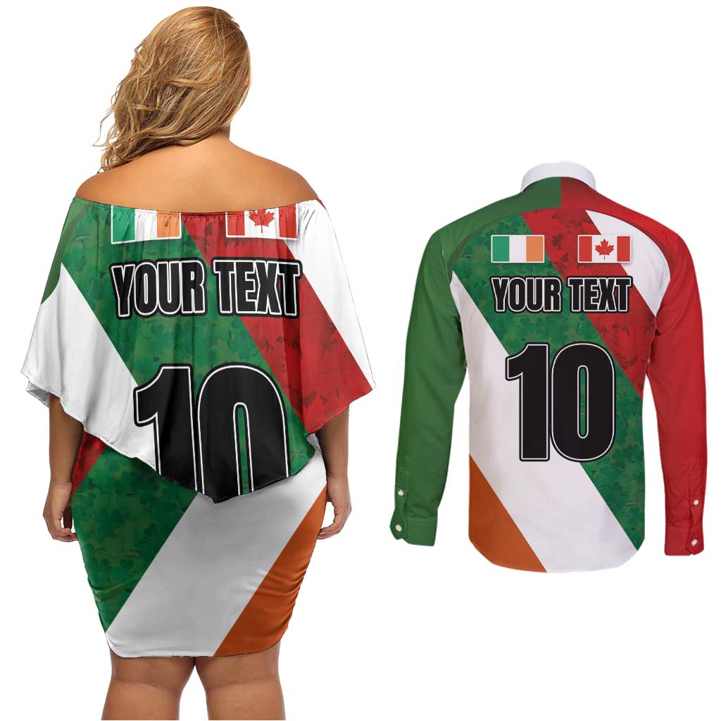 Custom Canada and Ireland Couples Matching Off Shoulder Short Dress and Long Sleeve Button Shirt Shamrocks and Maple Leaves