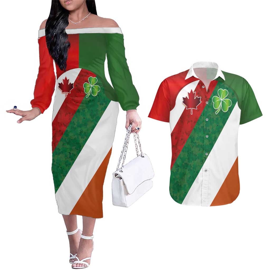 Custom Canada and Ireland Couples Matching Off The Shoulder Long Sleeve Dress and Hawaiian Shirt Shamrocks and Maple Leaves