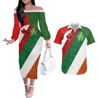 Custom Canada and Ireland Couples Matching Off The Shoulder Long Sleeve Dress and Hawaiian Shirt Shamrocks and Maple Leaves
