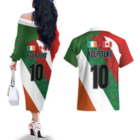 Custom Canada and Ireland Couples Matching Off The Shoulder Long Sleeve Dress and Hawaiian Shirt Shamrocks and Maple Leaves