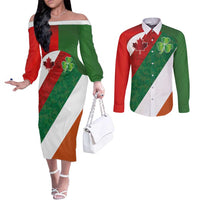 Custom Canada and Ireland Couples Matching Off The Shoulder Long Sleeve Dress and Long Sleeve Button Shirt Shamrocks and Maple Leaves