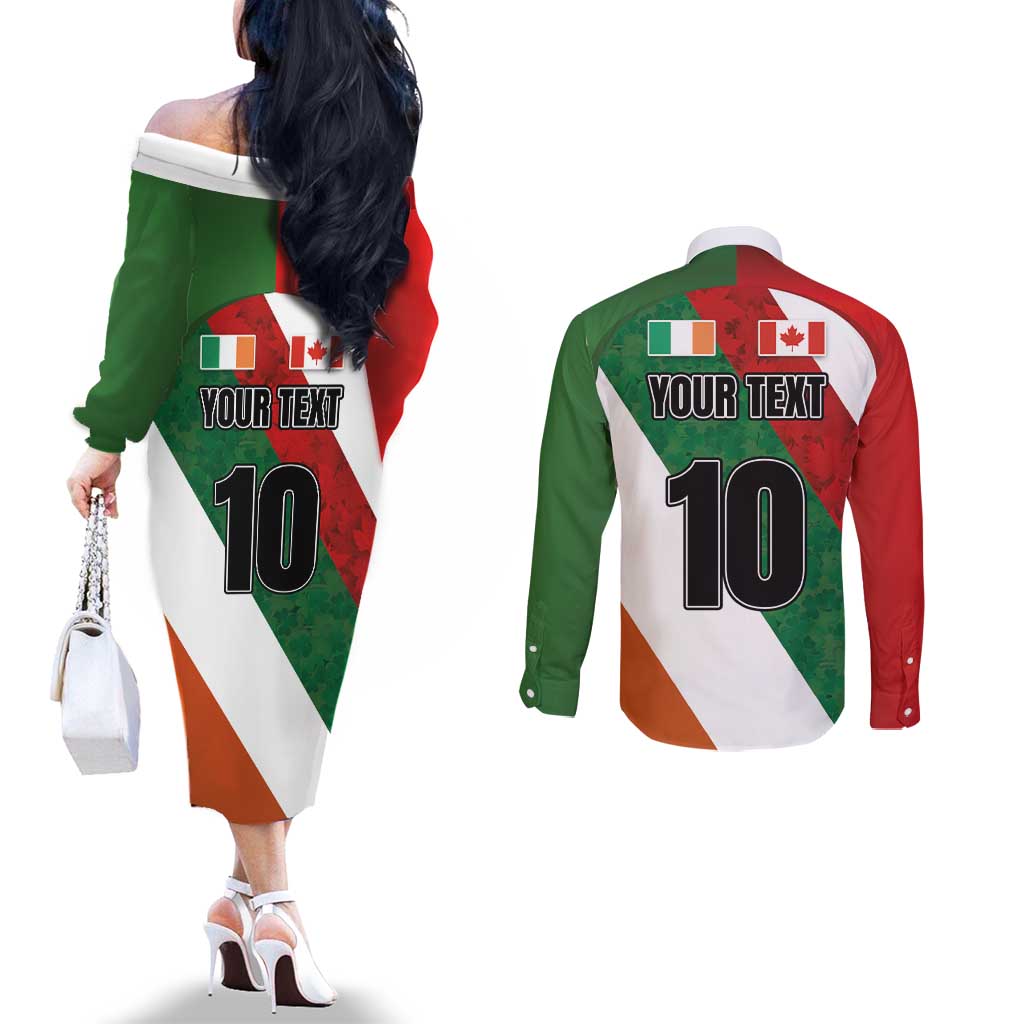 Custom Canada and Ireland Couples Matching Off The Shoulder Long Sleeve Dress and Long Sleeve Button Shirt Shamrocks and Maple Leaves