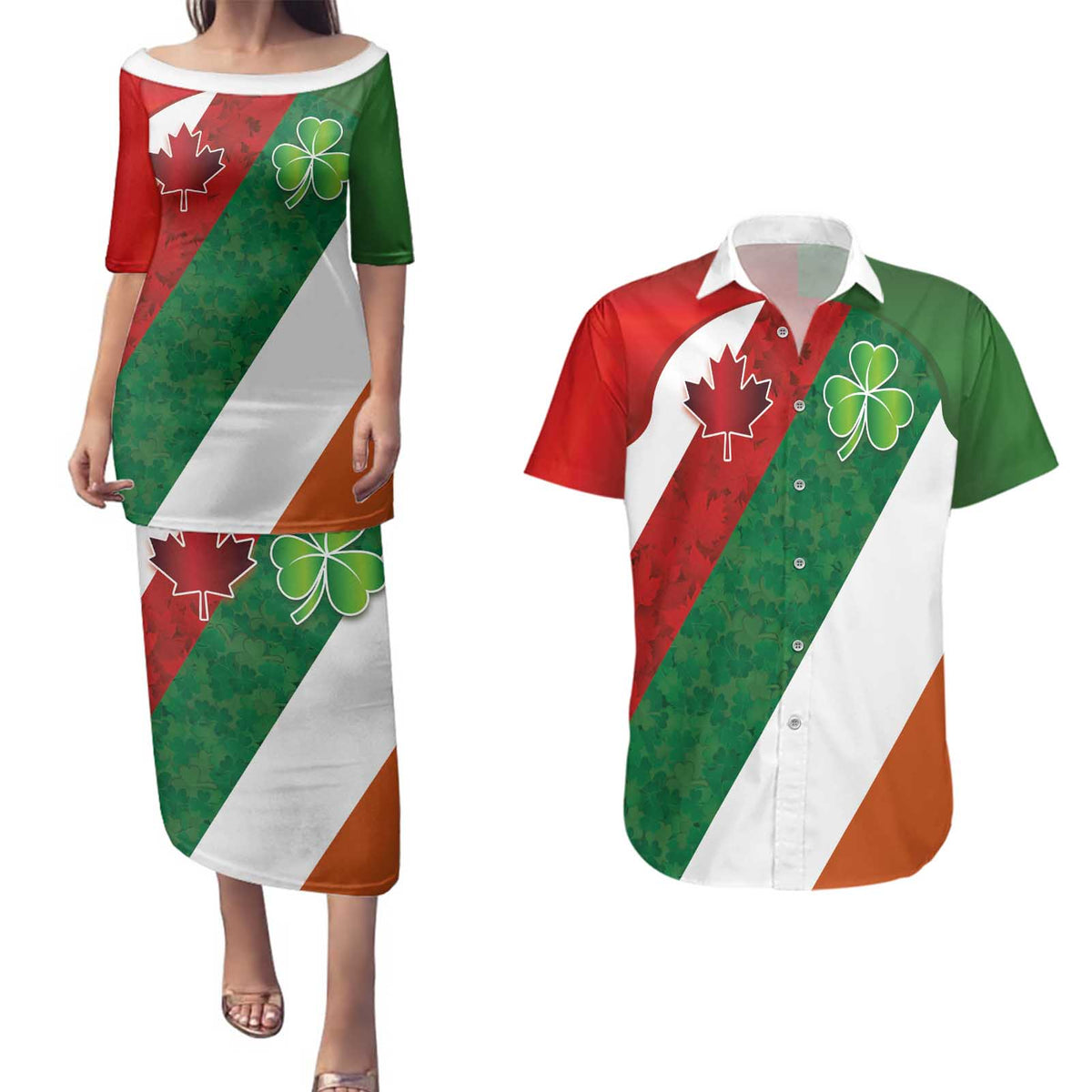 Custom Canada and Ireland Couples Matching Puletasi and Hawaiian Shirt Shamrocks and Maple Leaves
