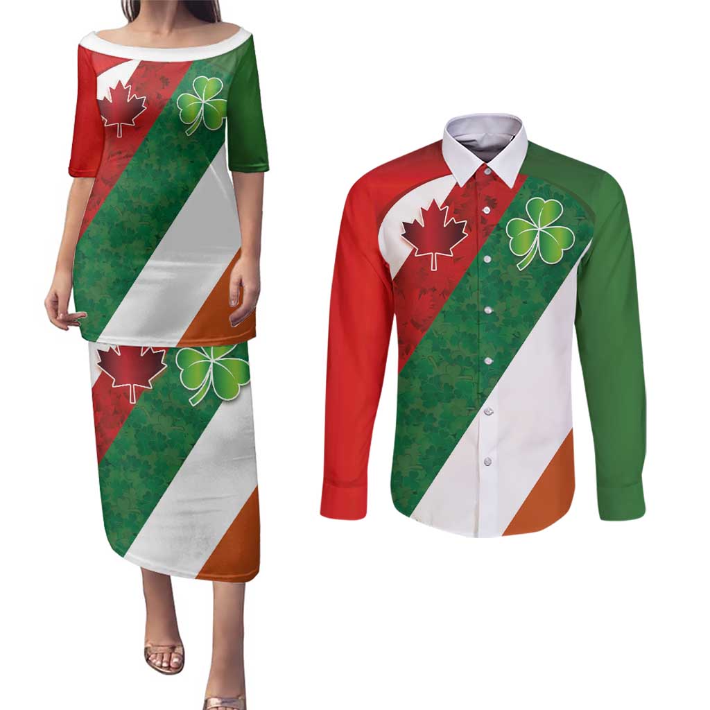Custom Canada and Ireland Couples Matching Puletasi and Long Sleeve Button Shirt Shamrocks and Maple Leaves