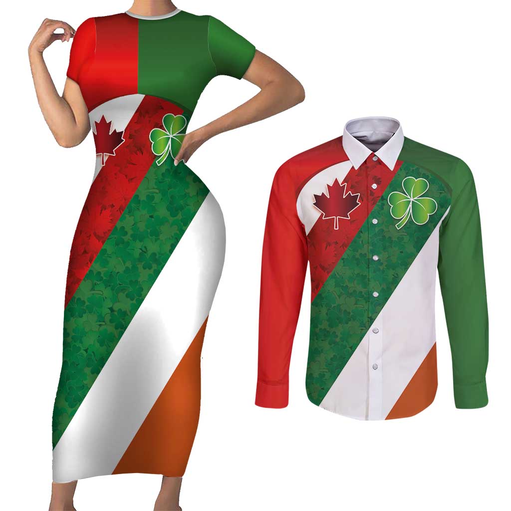 Custom Canada and Ireland Couples Matching Short Sleeve Bodycon Dress and Long Sleeve Button Shirt Shamrocks and Maple Leaves