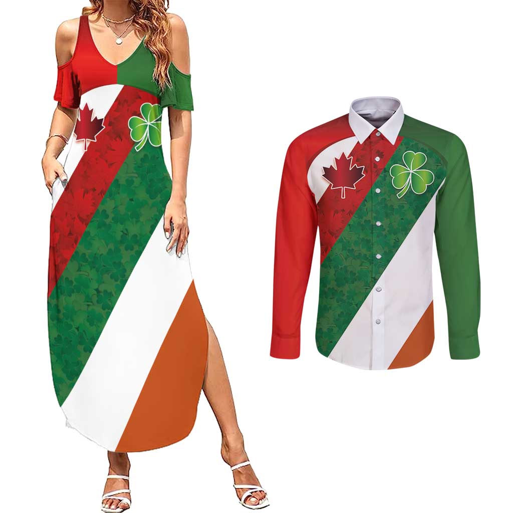 Custom Canada and Ireland Couples Matching Summer Maxi Dress and Long Sleeve Button Shirt Shamrocks and Maple Leaves