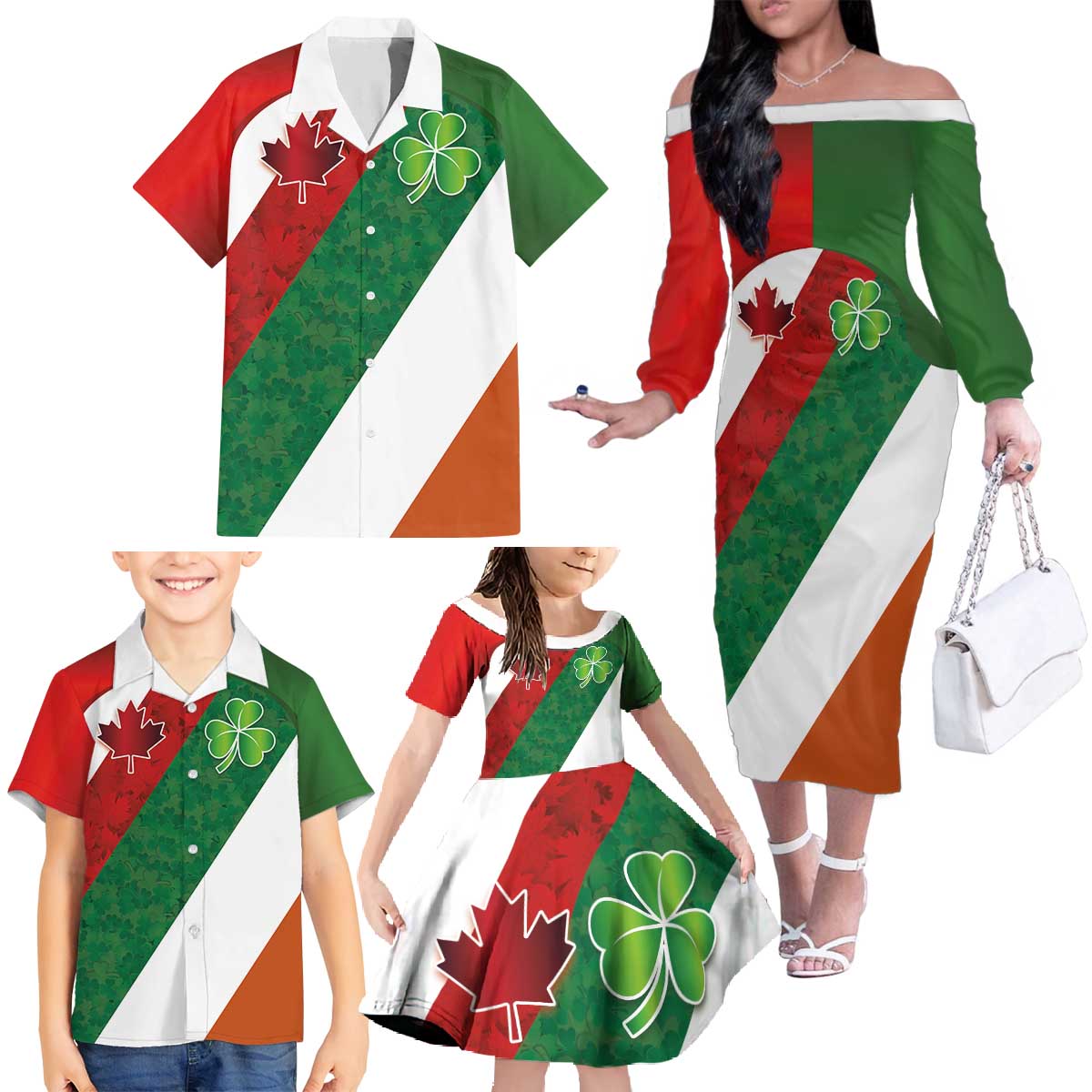 Custom Canada and Ireland Family Matching Off The Shoulder Long Sleeve Dress and Hawaiian Shirt Shamrocks and Maple Leaves