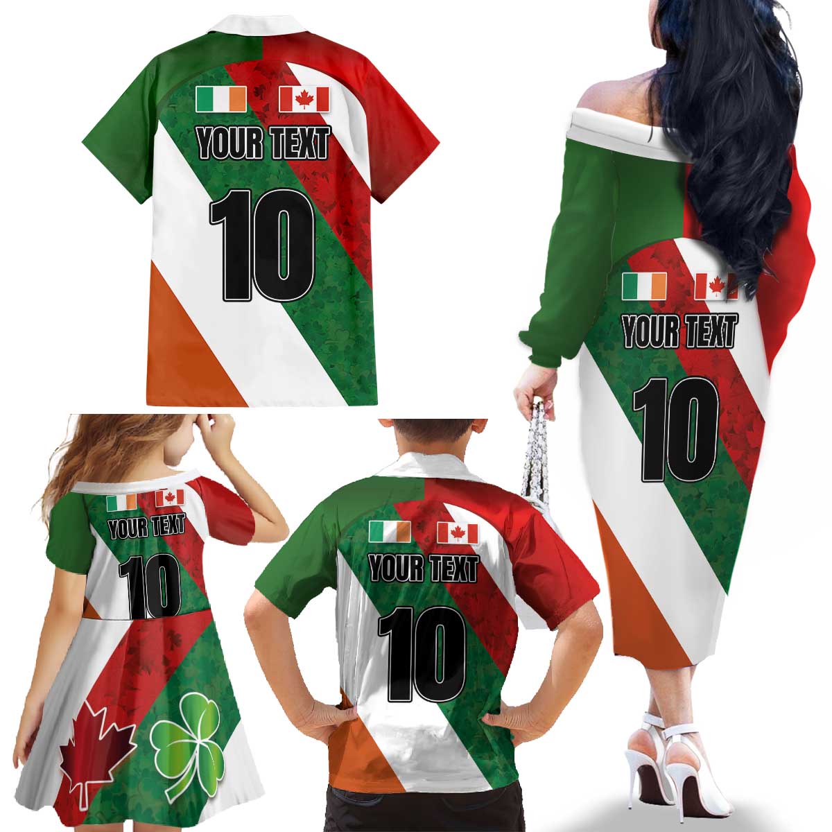 Custom Canada and Ireland Family Matching Off The Shoulder Long Sleeve Dress and Hawaiian Shirt Shamrocks and Maple Leaves