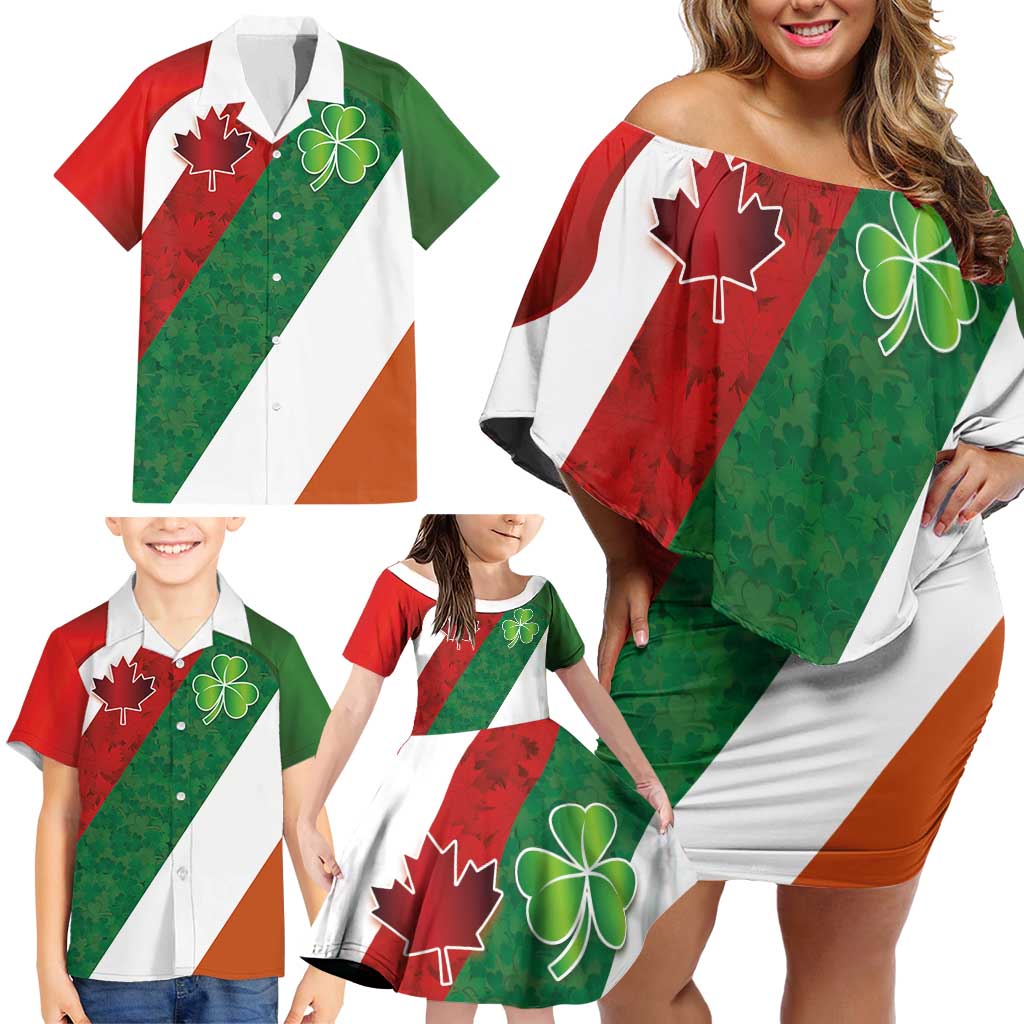 Custom Canada and Ireland Family Matching Off Shoulder Short Dress and Hawaiian Shirt Shamrocks and Maple Leaves