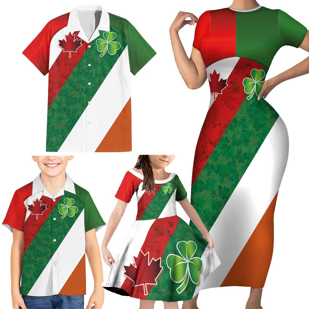 Custom Canada and Ireland Family Matching Short Sleeve Bodycon Dress and Hawaiian Shirt Shamrocks and Maple Leaves