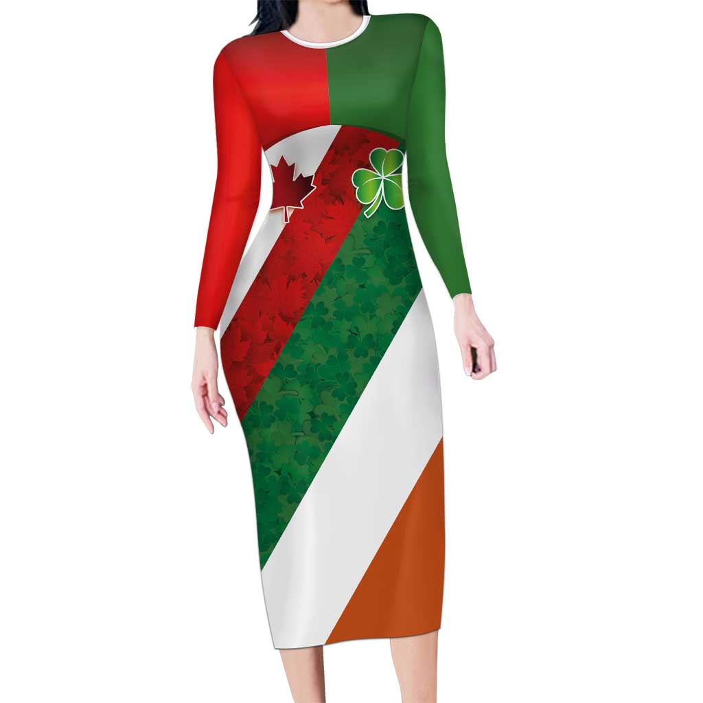Custom Canada and Ireland Long Sleeve Bodycon Dress Shamrocks and Maple Leaves