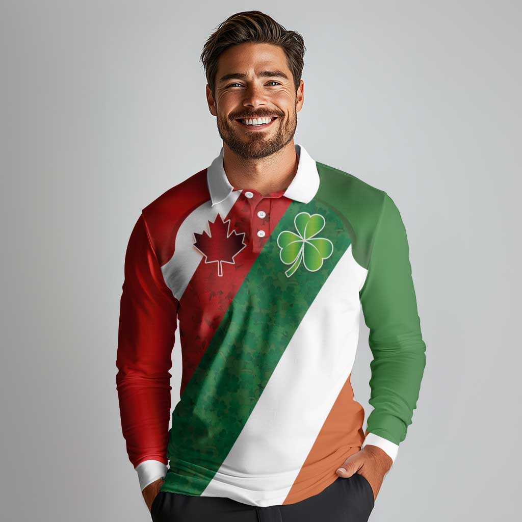 Custom Canada and Ireland Long Sleeve Polo Shirt Shamrocks and Maple Leaves