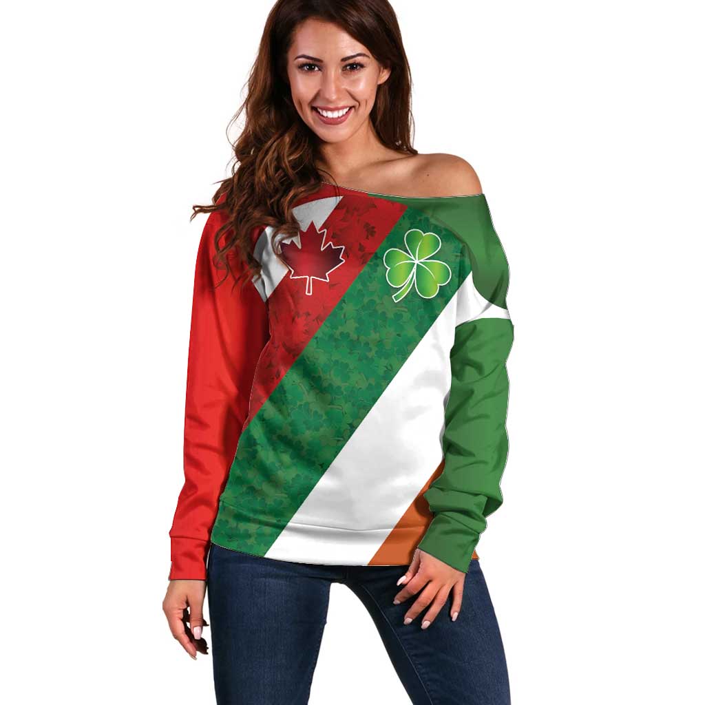 Custom Canada and Ireland Off Shoulder Sweater Shamrocks and Maple Leaves