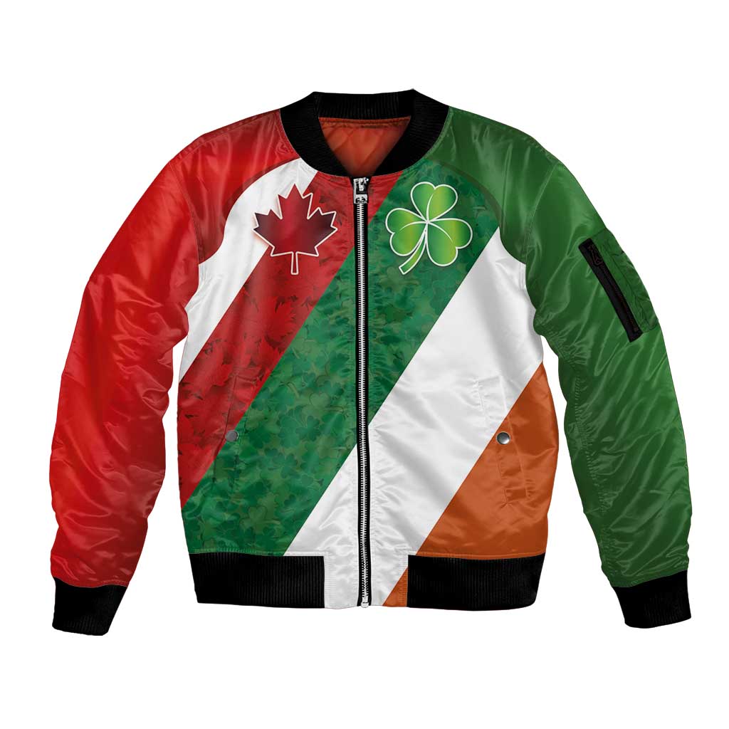 Custom Canada and Ireland Sleeve Zip Bomber Jacket Shamrocks and Maple Leaves