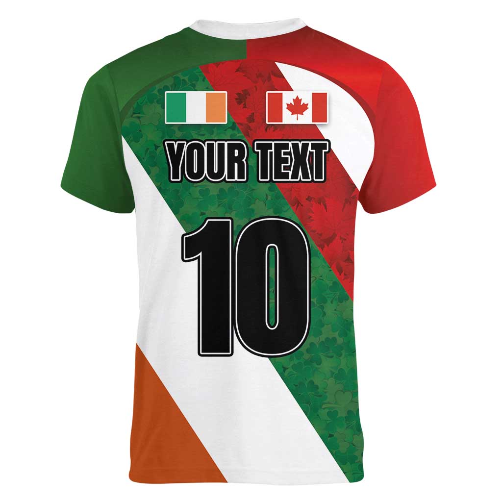 Custom Canada and Ireland Women V-Neck T-Shirt Shamrocks and Maple Leaves