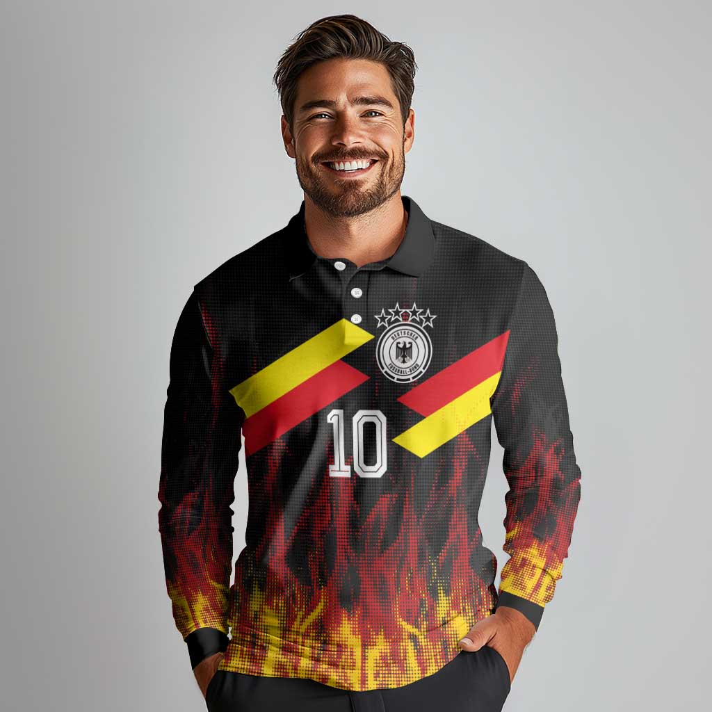 Custom Germany Football Long Sleeve Polo Shirt Flames Dot Patterns Sport