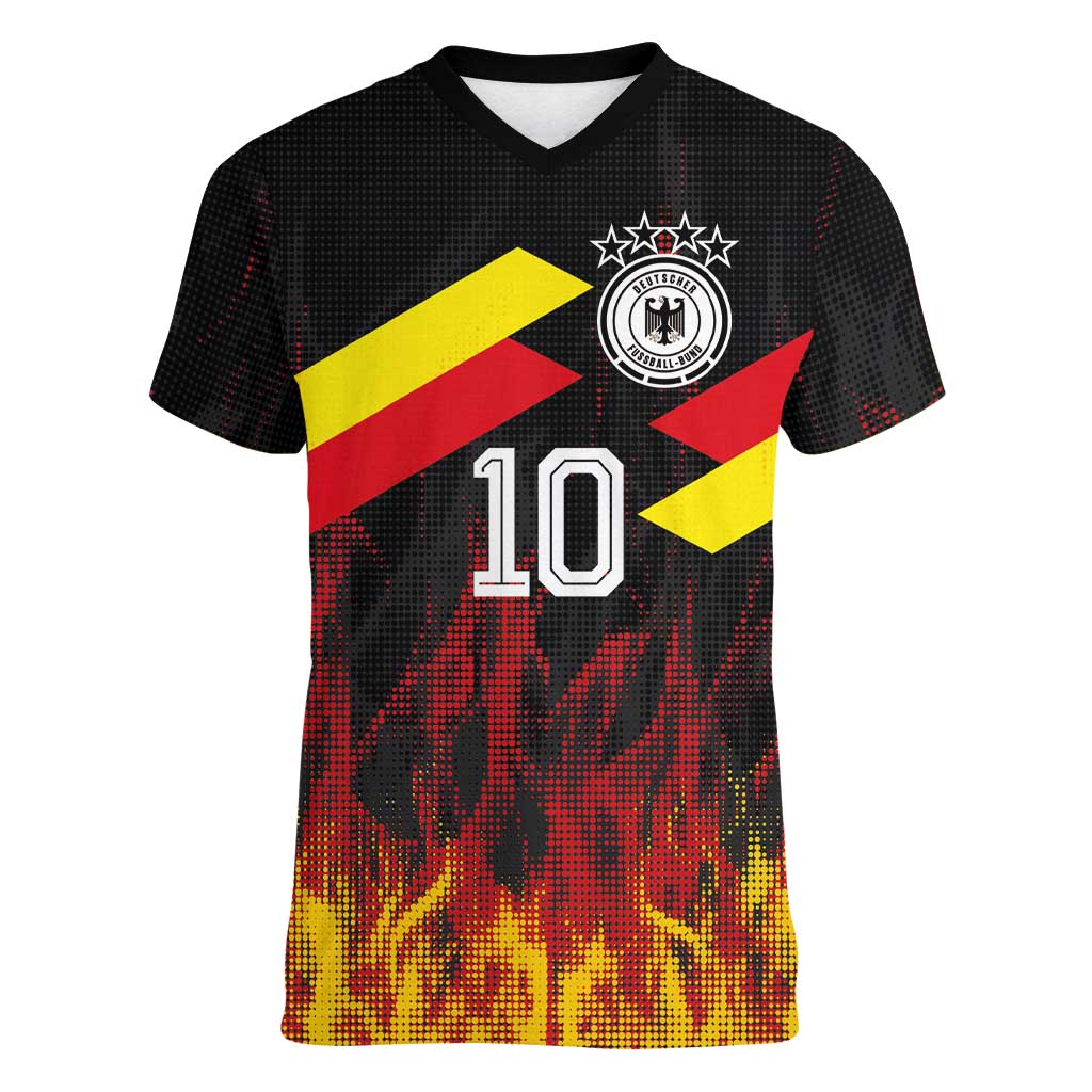 Custom Germany Football Women V-Neck T-Shirt Flames Dot Patterns Sport