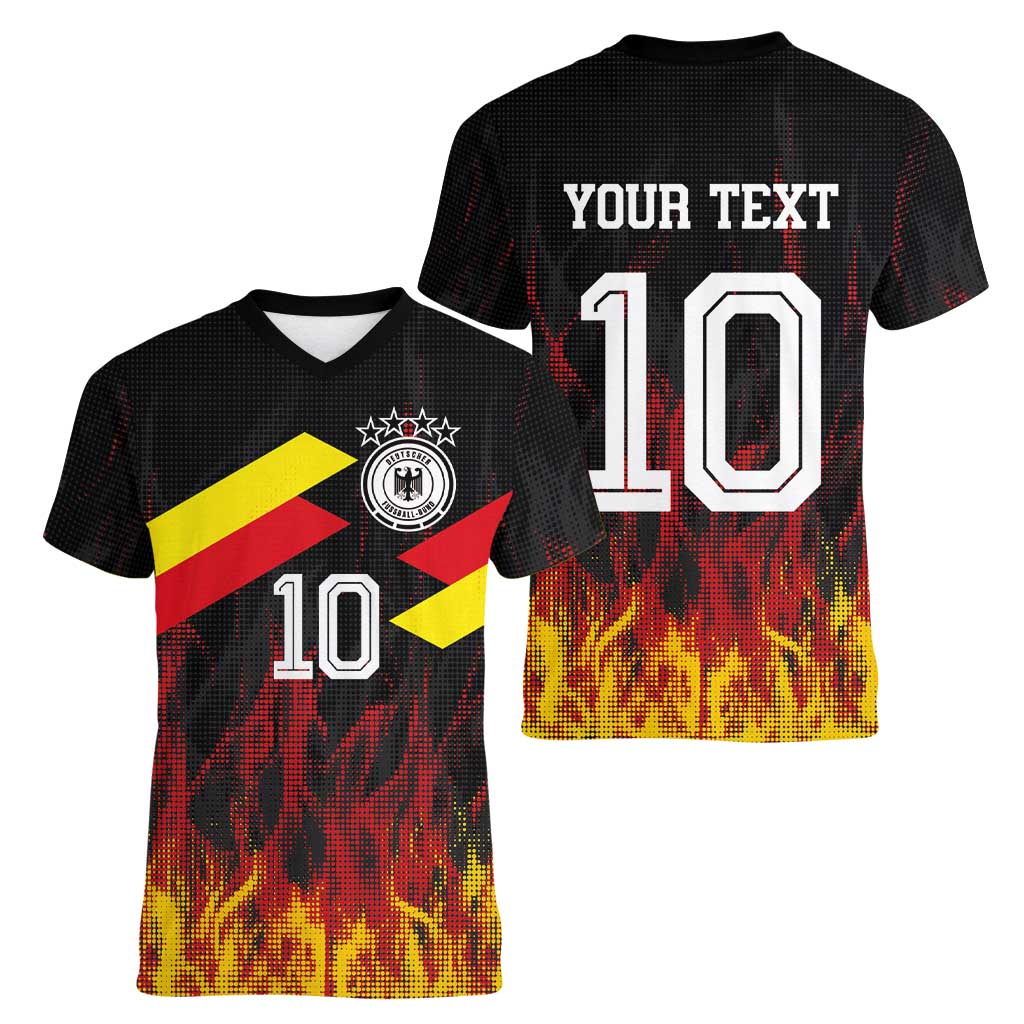 Custom Germany Football Women V-Neck T-Shirt Flames Dot Patterns Sport