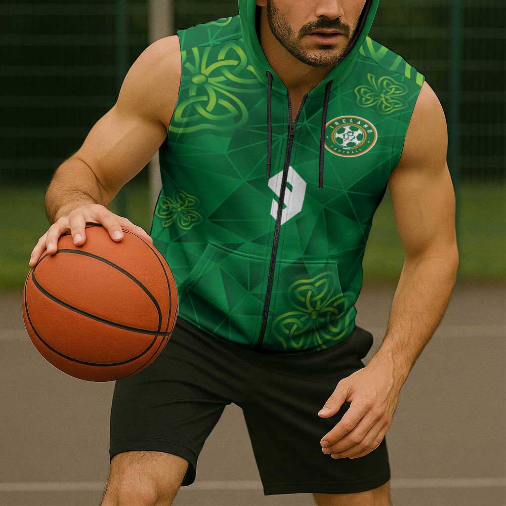 Custom Ireland Football Sleeveless Zip Hoodie Shamrock Celtic Geometric Sport