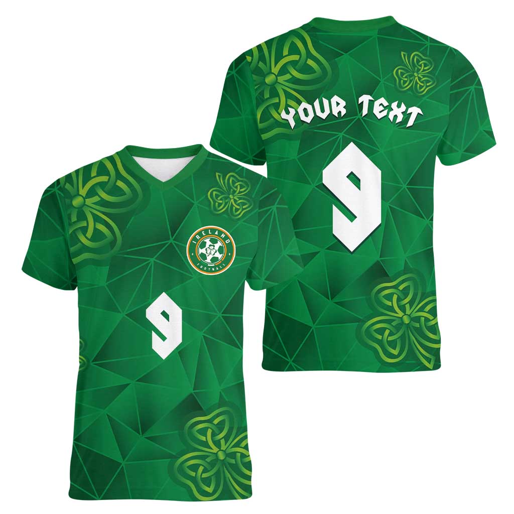 Custom Ireland Football Women V-Neck T-Shirt Shamrock Celtic Geometric Sport