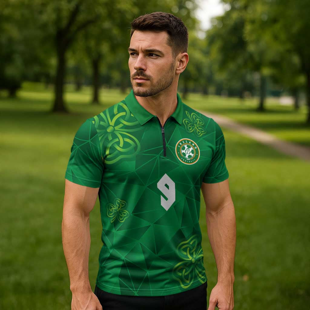 Custom Ireland Football Zipper Polo Shirt Shamrock Celtic Geometric Sport