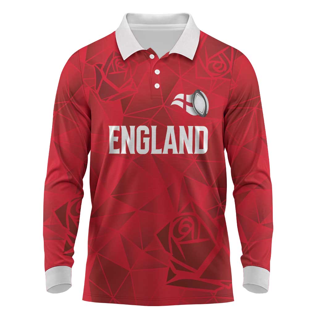 Custom England Rugby Long Sleeve Polo Shirt Roses Geometric Sport